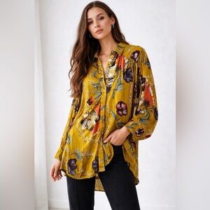 FREE PEOPLE Women’s Boho Bird Floral Champs De Fleurs Tunic Blouse EUC XS